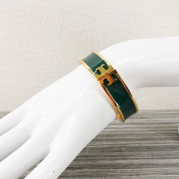 Tory Burch Enameled Kira Logo Hinged Bracelet Gold/ Green OS - Picture 12 of 12